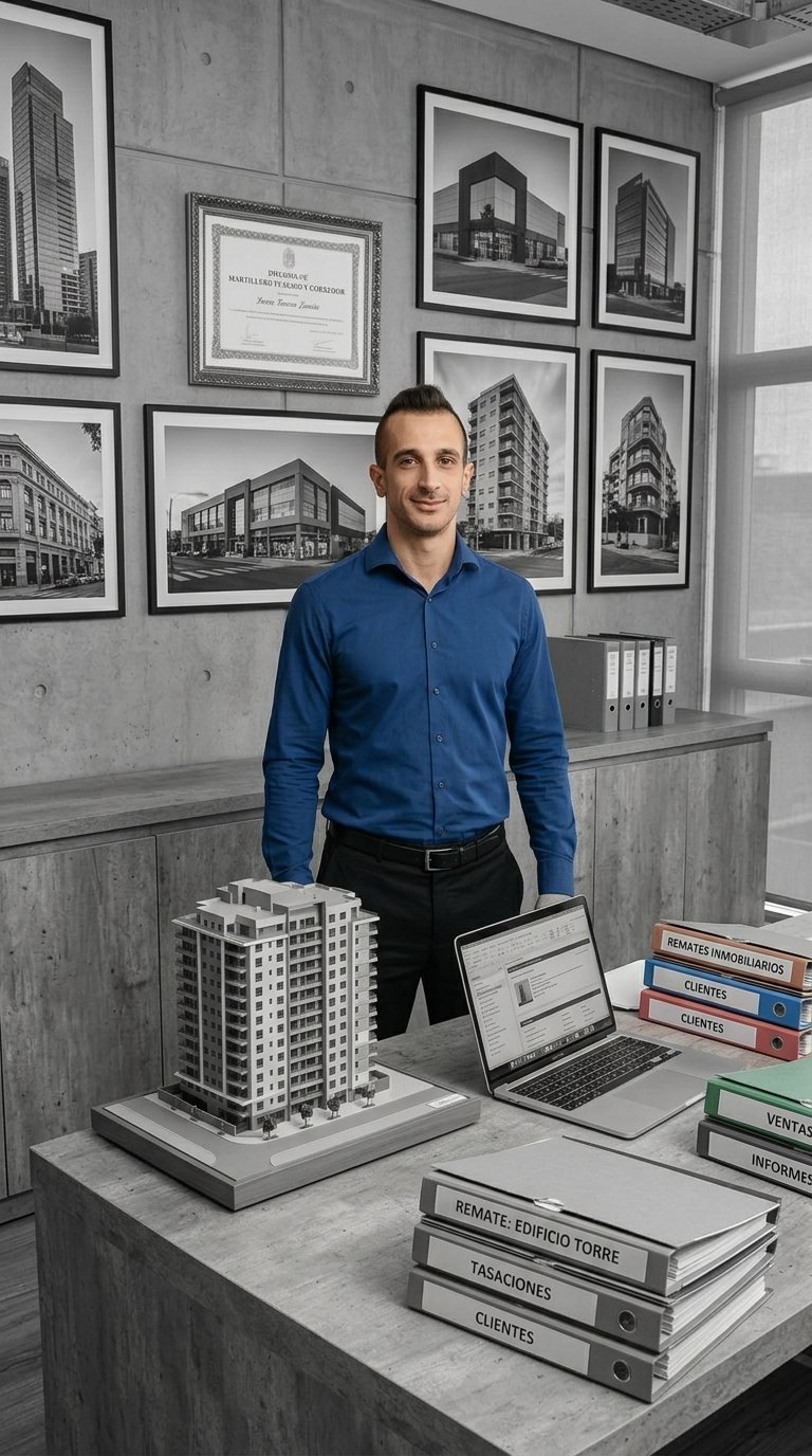 Oficina de martillero y corredor inmobiliario con maqueta de un edificio
